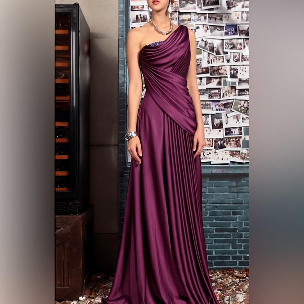RED Column one shoulder satin crystal accent gown dress.